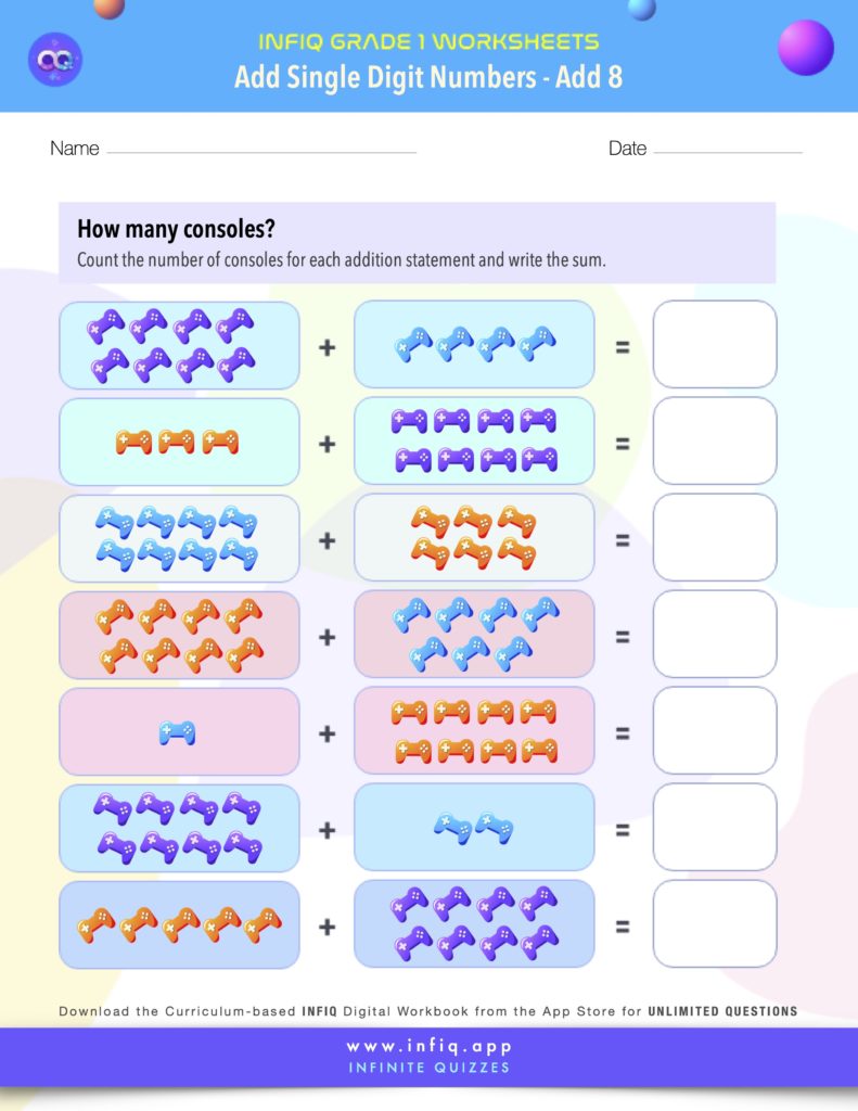 Grade1 AddSingleDigitNumbers Add8 Worksheet