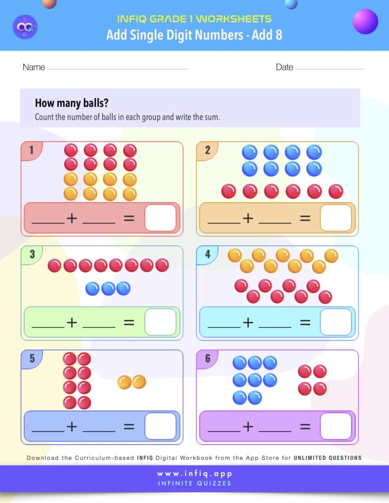 Grade1 AddSingleDigitNumbers Add8 Worksheet