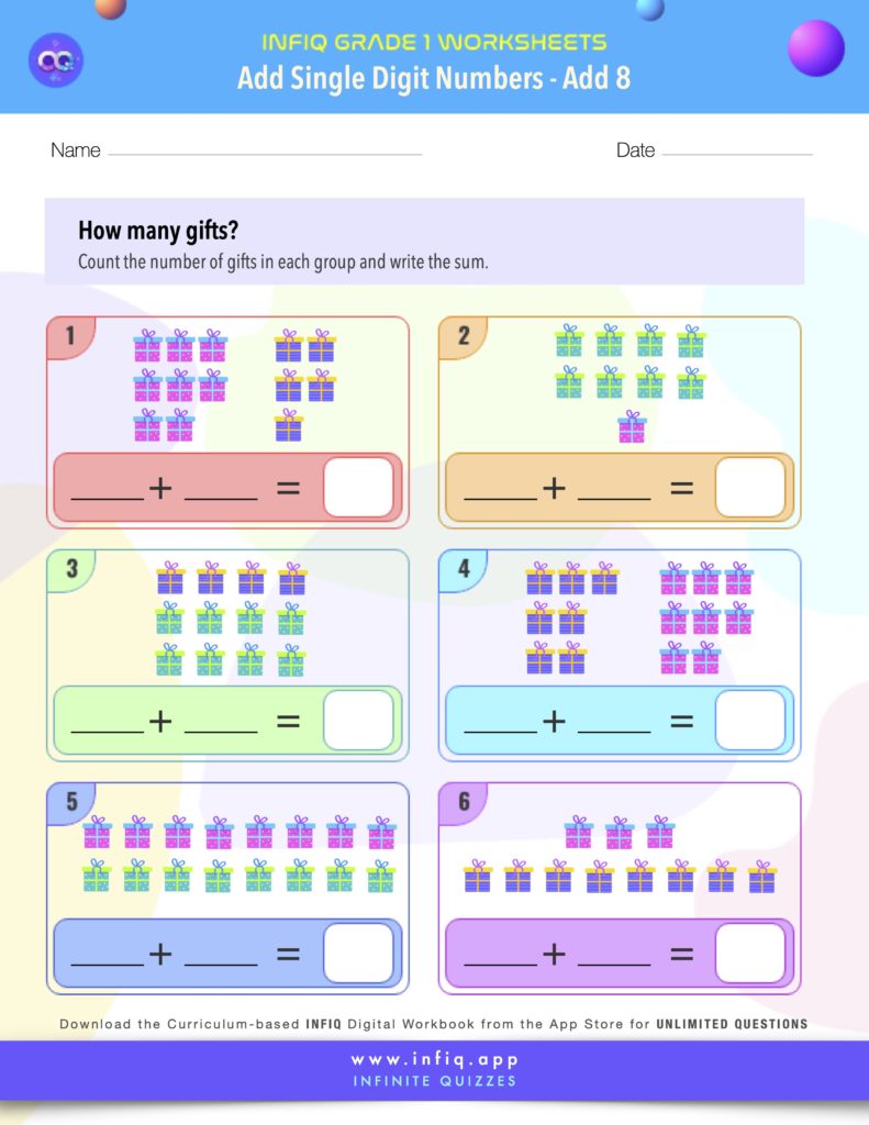 Grade1 AddSingleDigitNumbers Add8 Worksheet