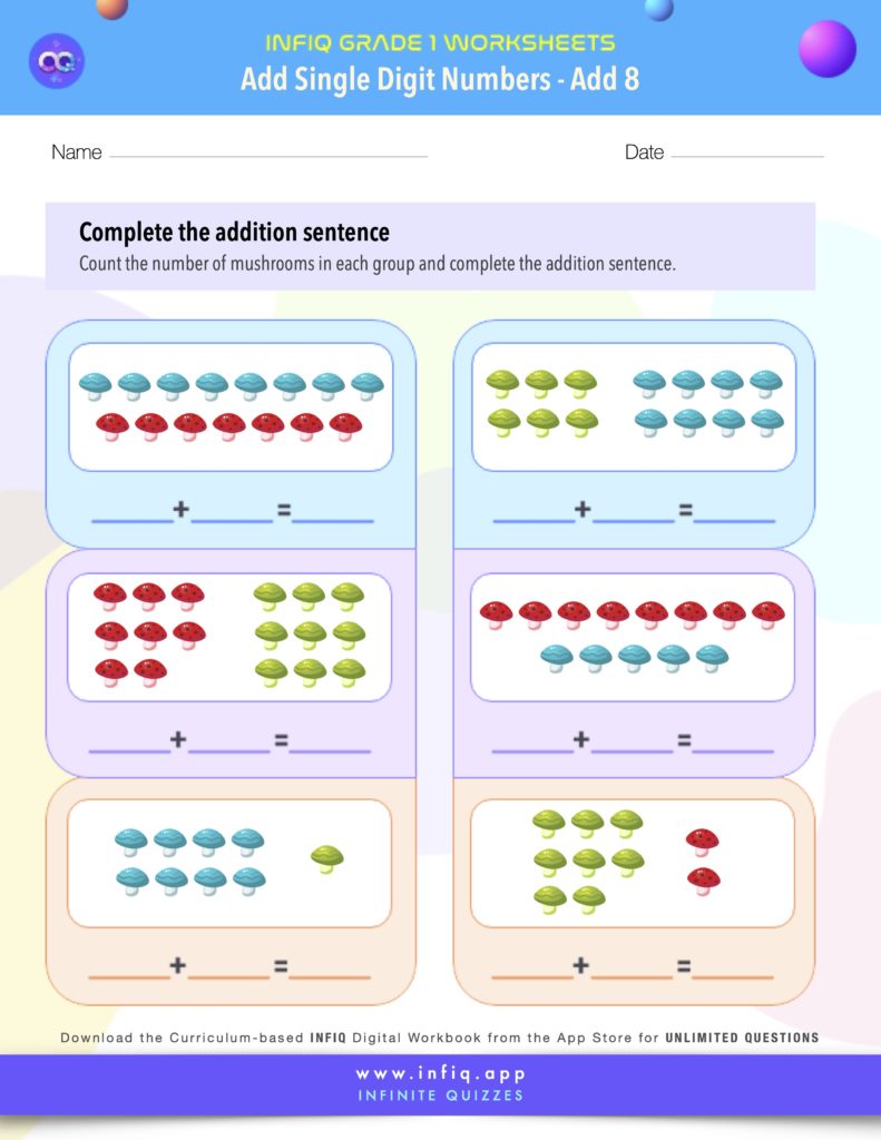 Grade1 AddSingleDigitNumbers Add8 Worksheet