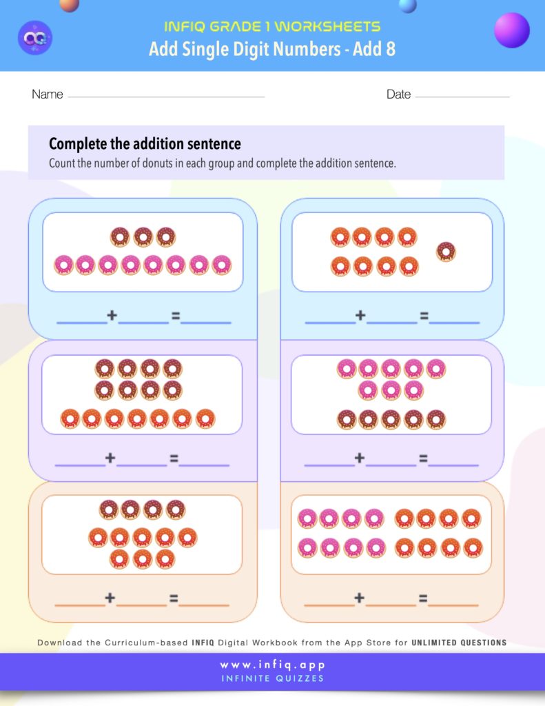 Grade1 AddSingleDigitNumbers Add8 Worksheet
