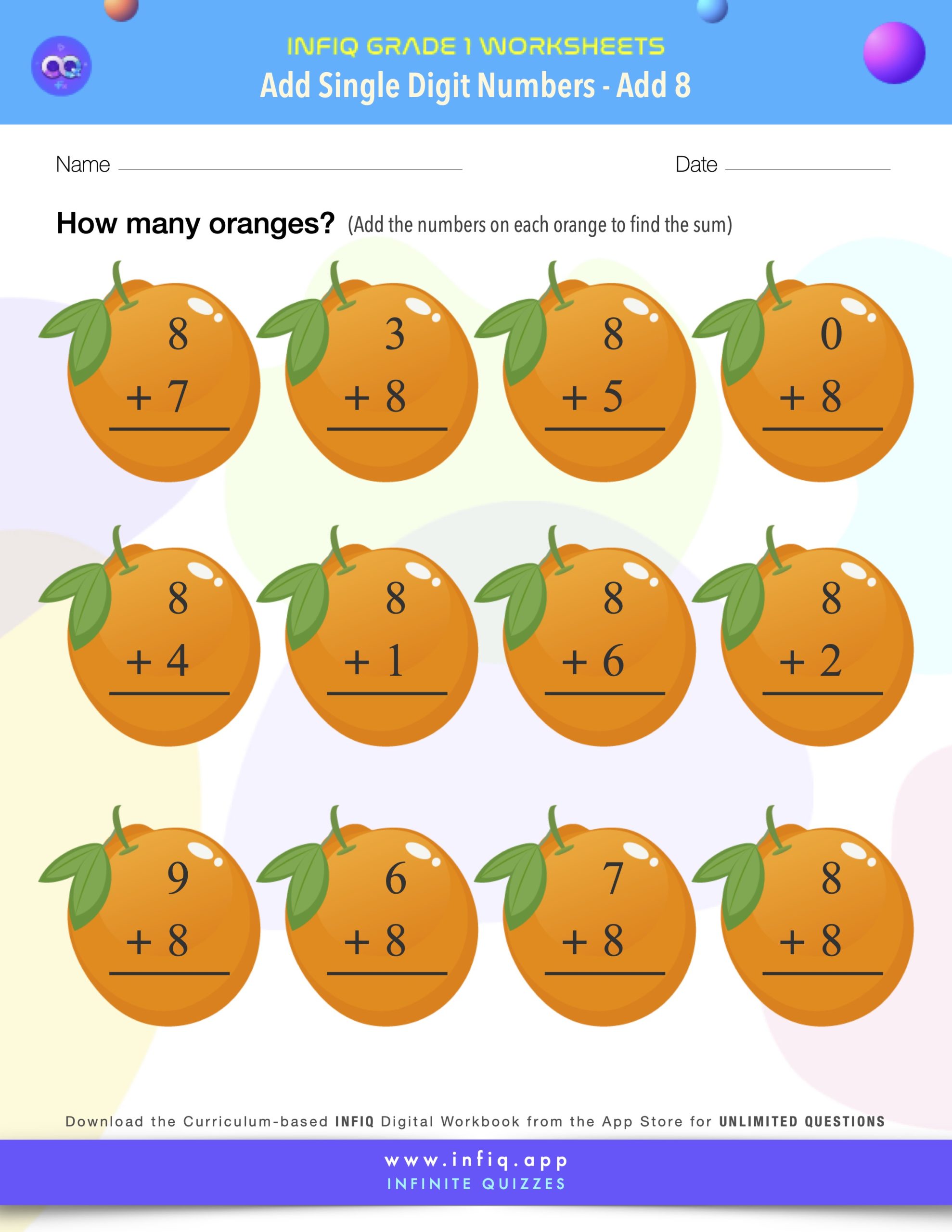 Grade1 AddSingleDigitNumbers Add8 Worksheet