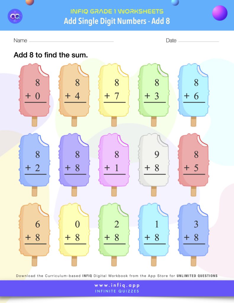 Grade1 AddSingleDigitNumbers Add8 Worksheet