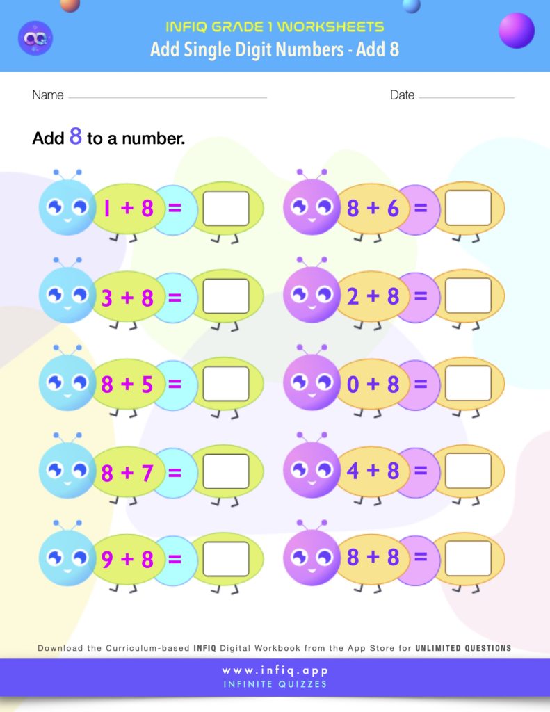 Grade1 AddSingleDigitNumbers Add8 Worksheet