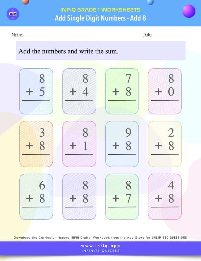 Grade1 AddSingleDigitNumbers Add8 Worksheet