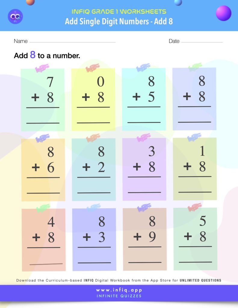 Grade1 AddSingleDigitNumbers Add8 Worksheet