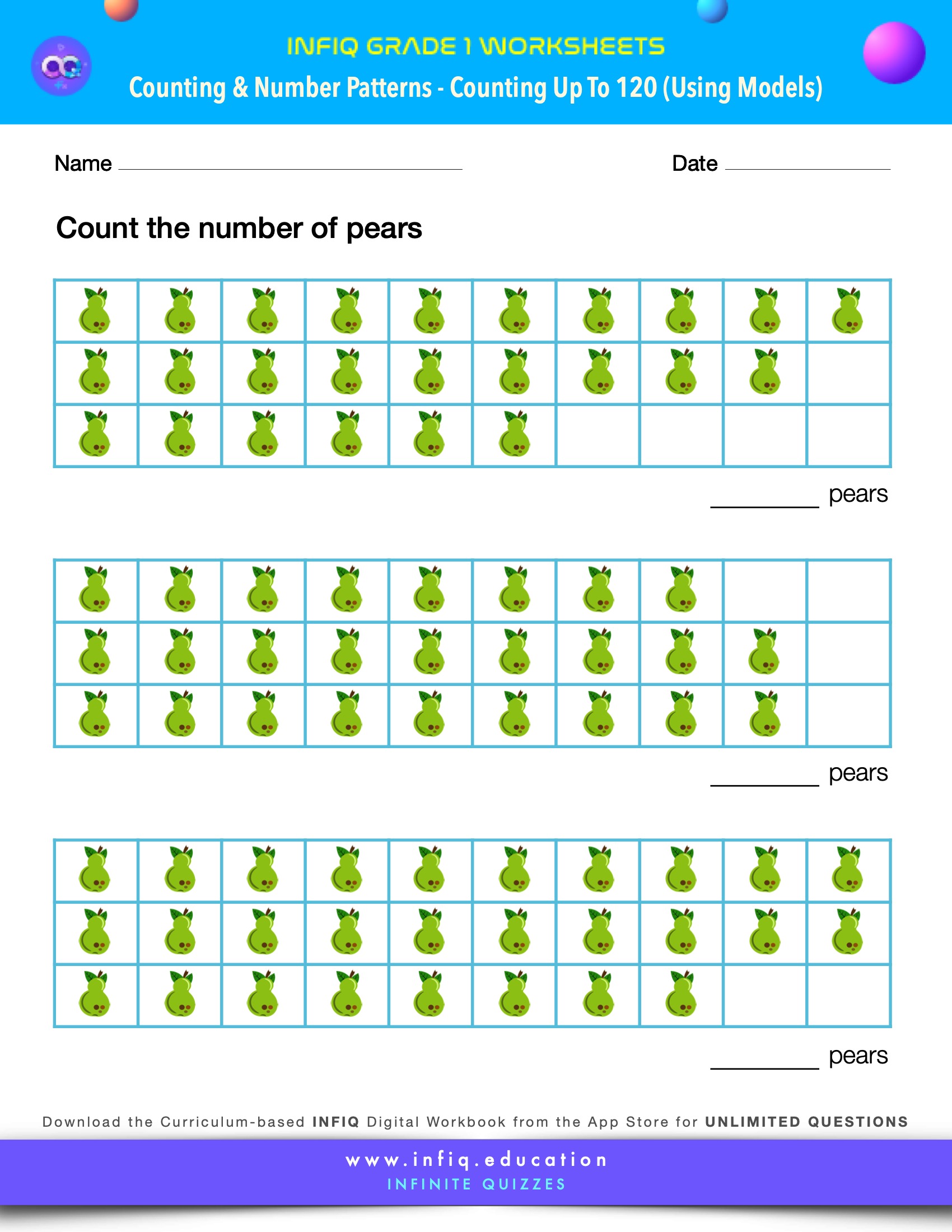 INFIQ GRADE 1 Math Worksheets Counting and Number Patterns Counting up to 120 using models