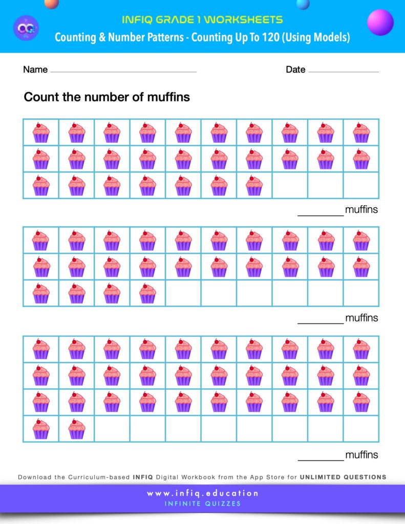 Grade 1 Math Worksheets - Counting & Number Patterns - Counting up to 120 (using models)