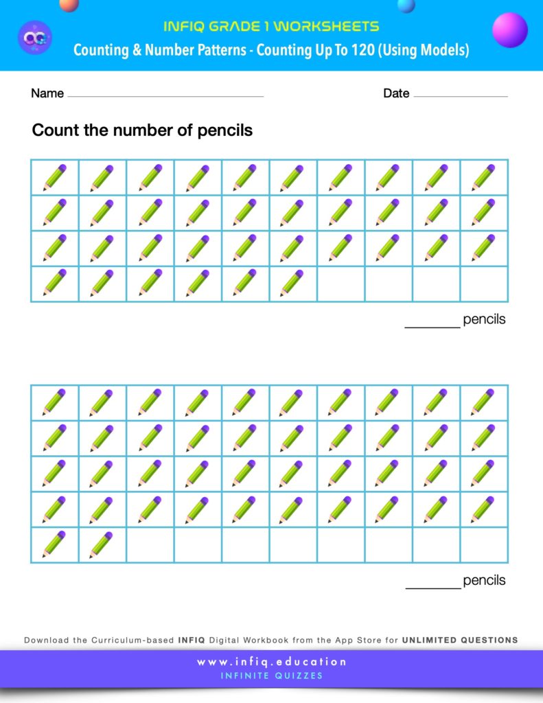 Grade 1 Math Worksheets - Counting & Number Patterns - Counting up to 120 (using models)