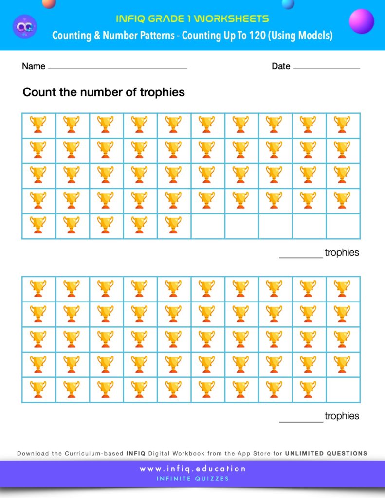 Grade 1 Math Worksheets - Counting & Number Patterns - Counting up to 120 (using models)