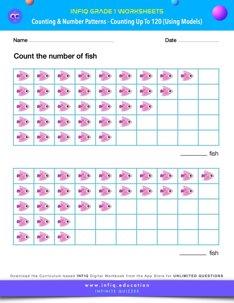 Grade 1 Math Worksheets - Counting & Number Patterns - Counting up to 120 (using models)