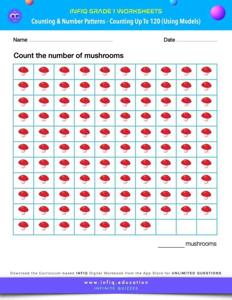 Grade 1 Math Worksheets - Counting & Number Patterns - Counting up to 120 (using models)