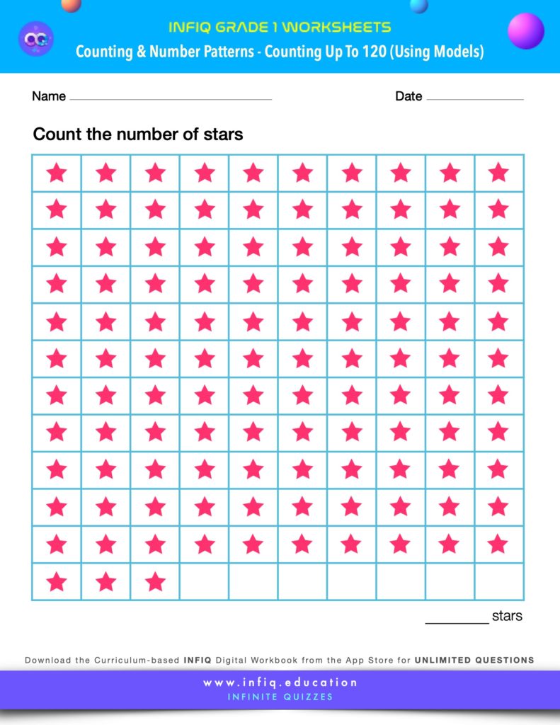Grade 1 Math Worksheets - Counting & Number Patterns - Counting up to 120 (using models)