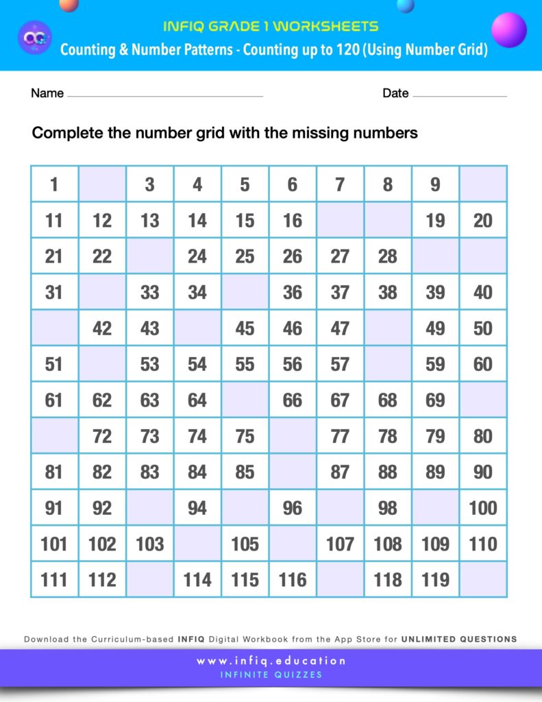 Grade 1 Math Worksheets - Counting & Number Patterns - Counting up to 120 (using the number grid)
