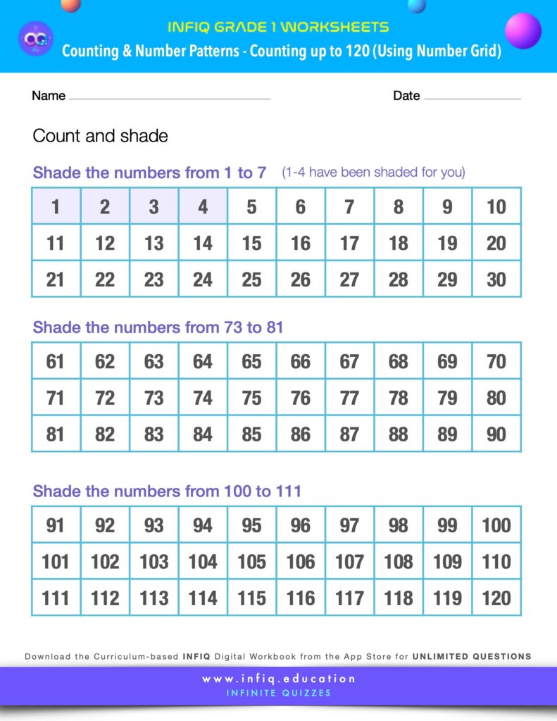 Grade 1 Math Worksheets - Counting & Number Patterns - Counting up to 120 (using the number grid)