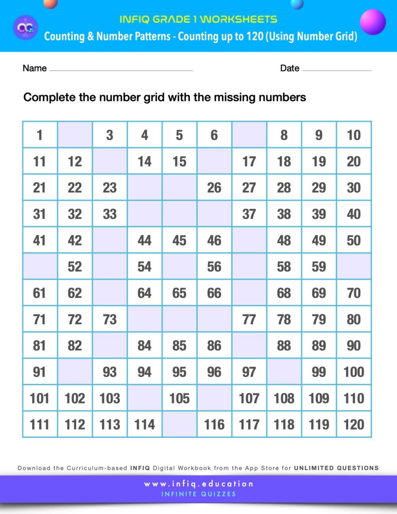 Grade 1 Math Worksheets - Counting & Number Patterns - Counting up to 120 (using the number grid)