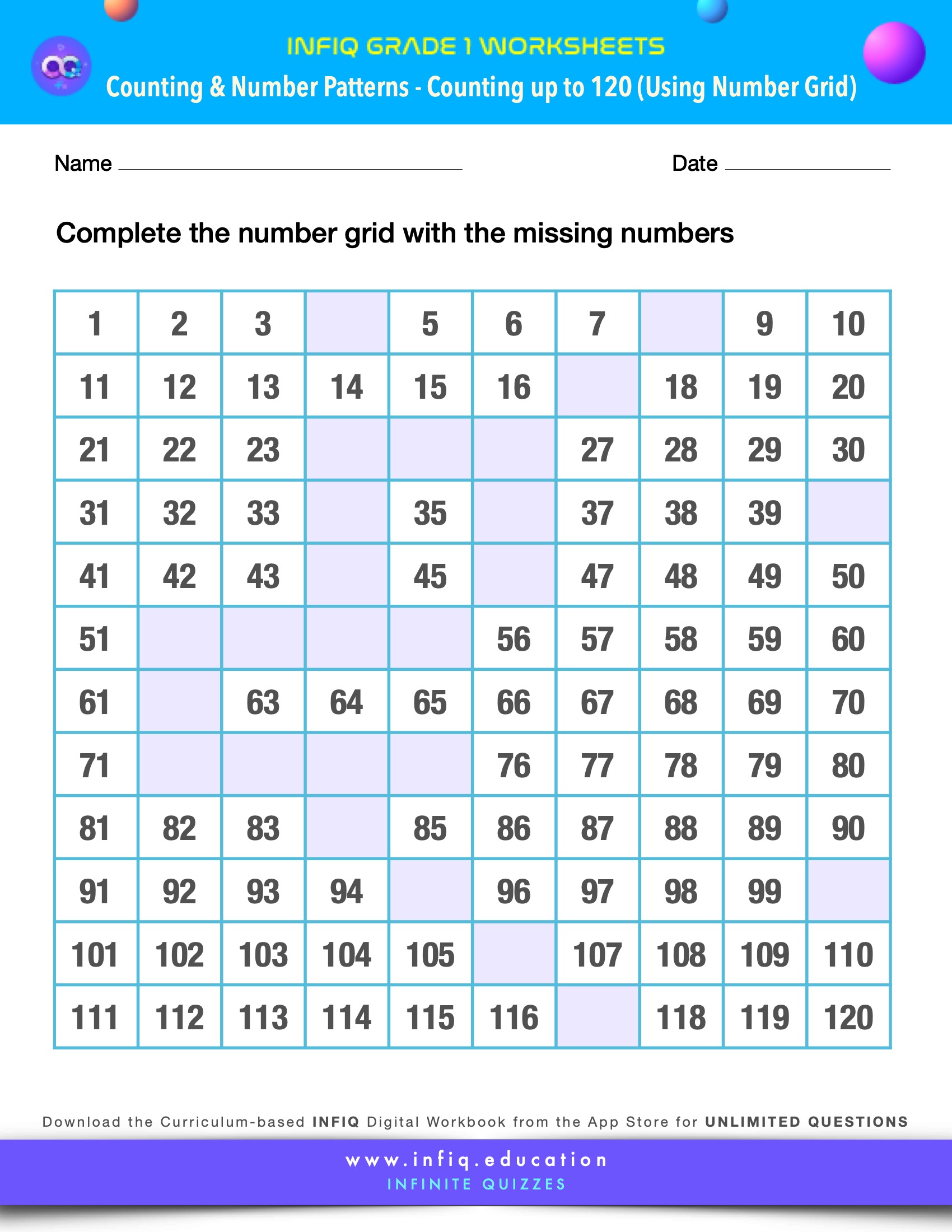 Grade 1 Math Worksheets - Counting & Number Patterns - Counting up to 120 (using the number grid)