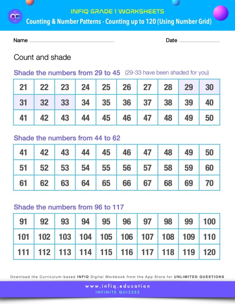 Grade 1 Math Worksheets - Counting & Number Patterns - Counting up to 120 (using the number grid)