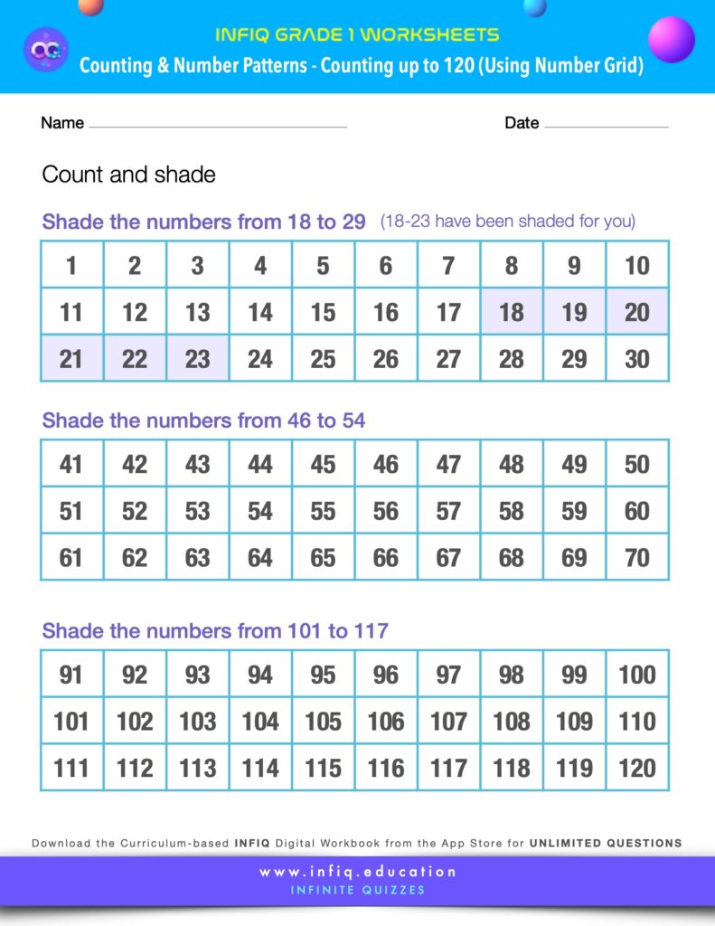 Grade 1 Math Worksheets - Counting & Number Patterns - Counting up to 120 (using the number grid)
