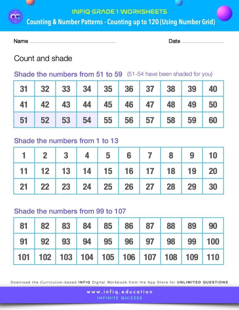 Grade 1 Math Worksheets - Counting & Number Patterns - Counting up to 120 (using the number grid)