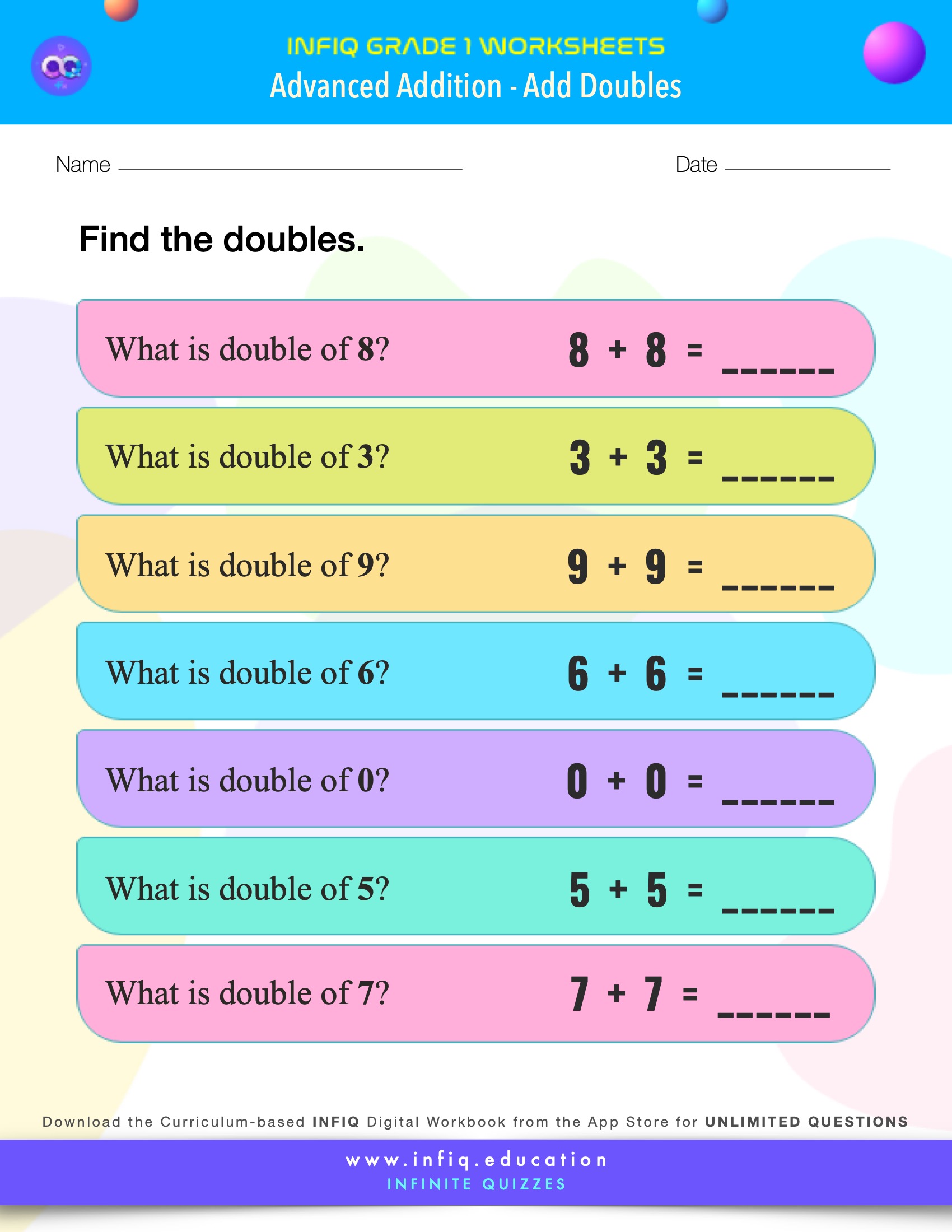 INFIQ | GRADE 1 Math Worksheets- Advanced Addition - Add Doubles