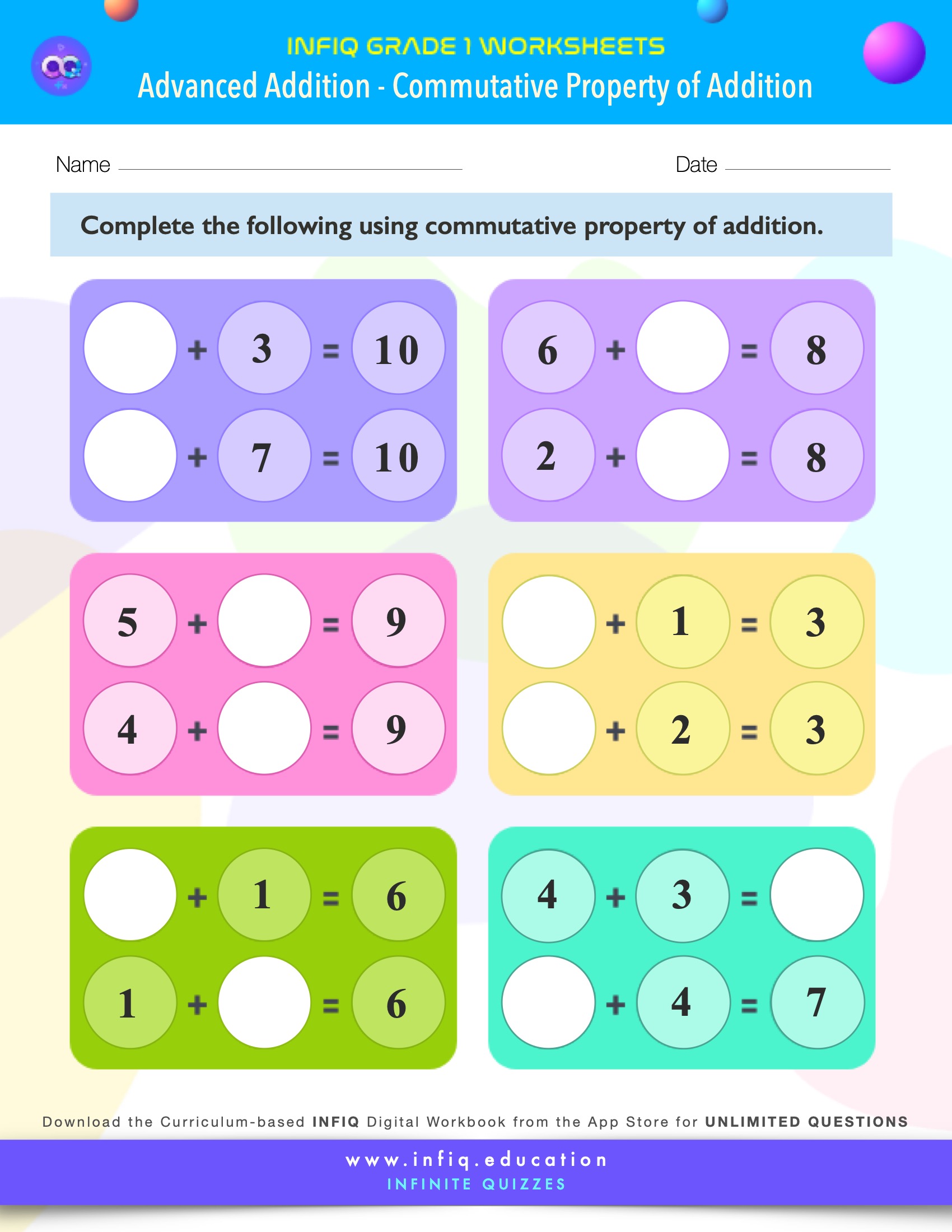 INFIQ | GRADE 1 Math Worksheets- Advanced Addition - Commutative ...