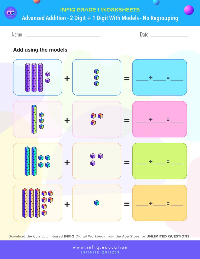 Grade 1 - 2 Digit + 1 Digit with models – No Regrouping Worksheet