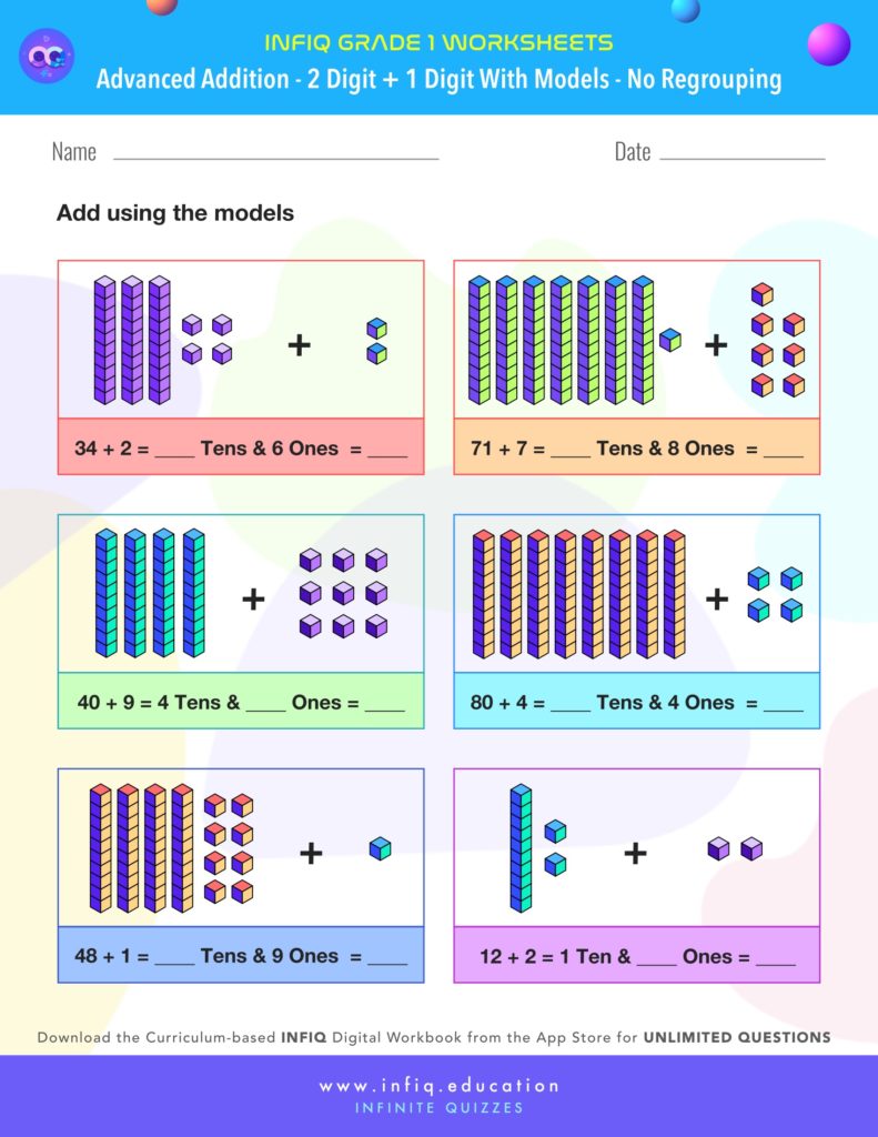 Grade 1 - 2 Digit + 1 Digit with models – No Regrouping Worksheet