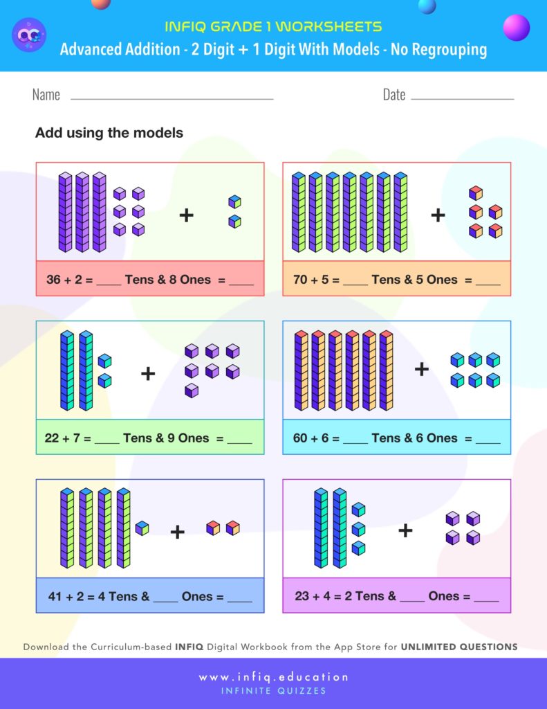 Grade 1 - 2 Digit + 1 Digit with models – No Regrouping Worksheet