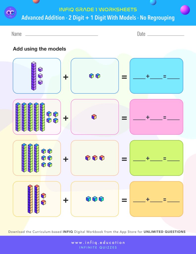 Grade 1 - 2 Digit + 1 Digit with models – No Regrouping Worksheet