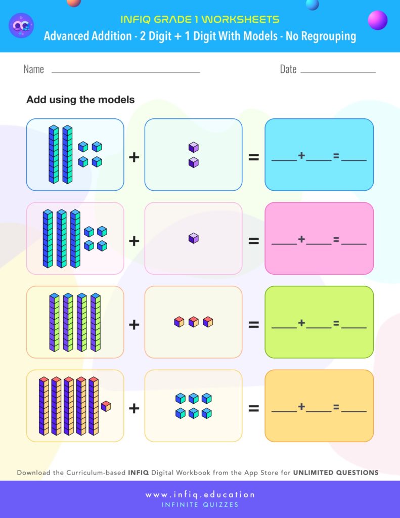 Grade 1 - 2 Digit + 1 Digit with models – No Regrouping Worksheet