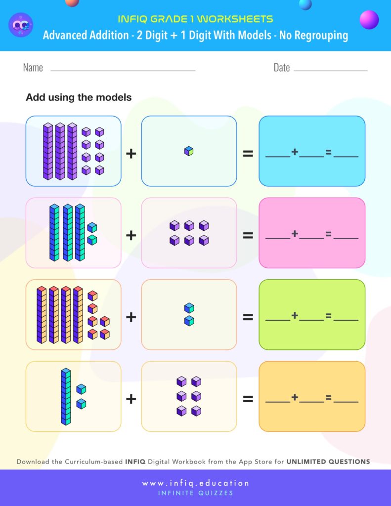 Grade 1 - 2 Digit + 1 Digit with models – No Regrouping Worksheet