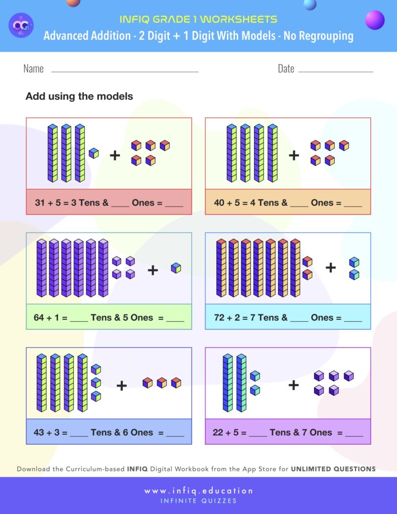Grade 1 - 2 Digit + 1 Digit with models – No Regrouping Worksheet