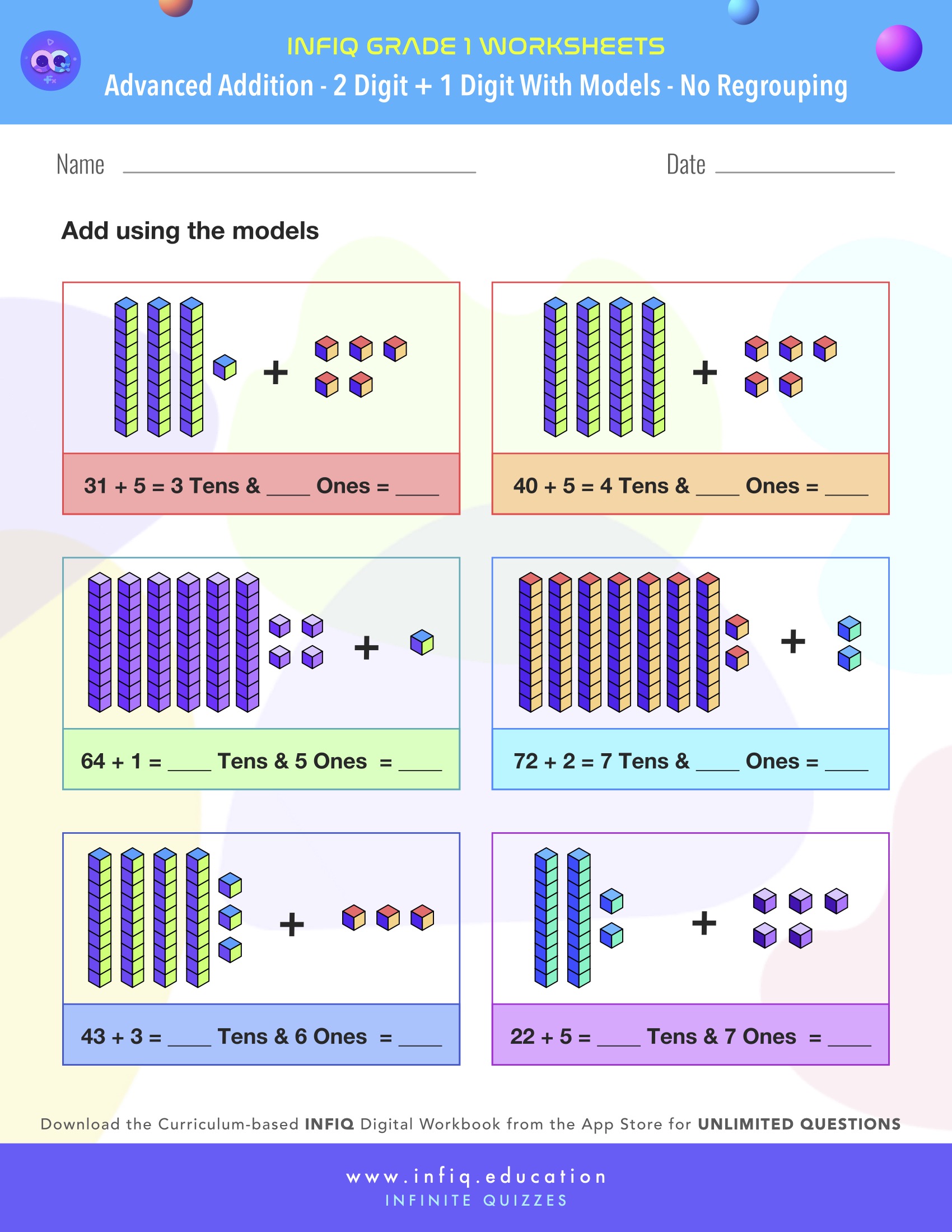 Grade 1 - 2 Digit + 1 Digit with models – No Regrouping Worksheet