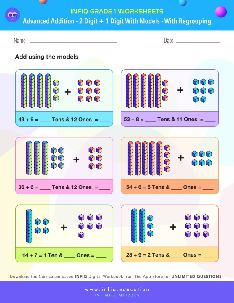 Grade 1 - 2 Digit + 1 Digit with models – With Regrouping Worksheet