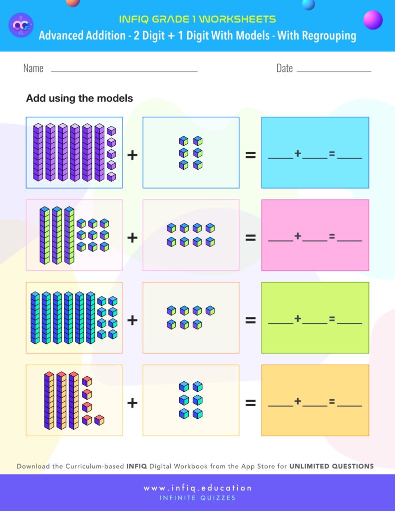 Grade 1 - 2 Digit + 1 Digit with models – With Regrouping Worksheet