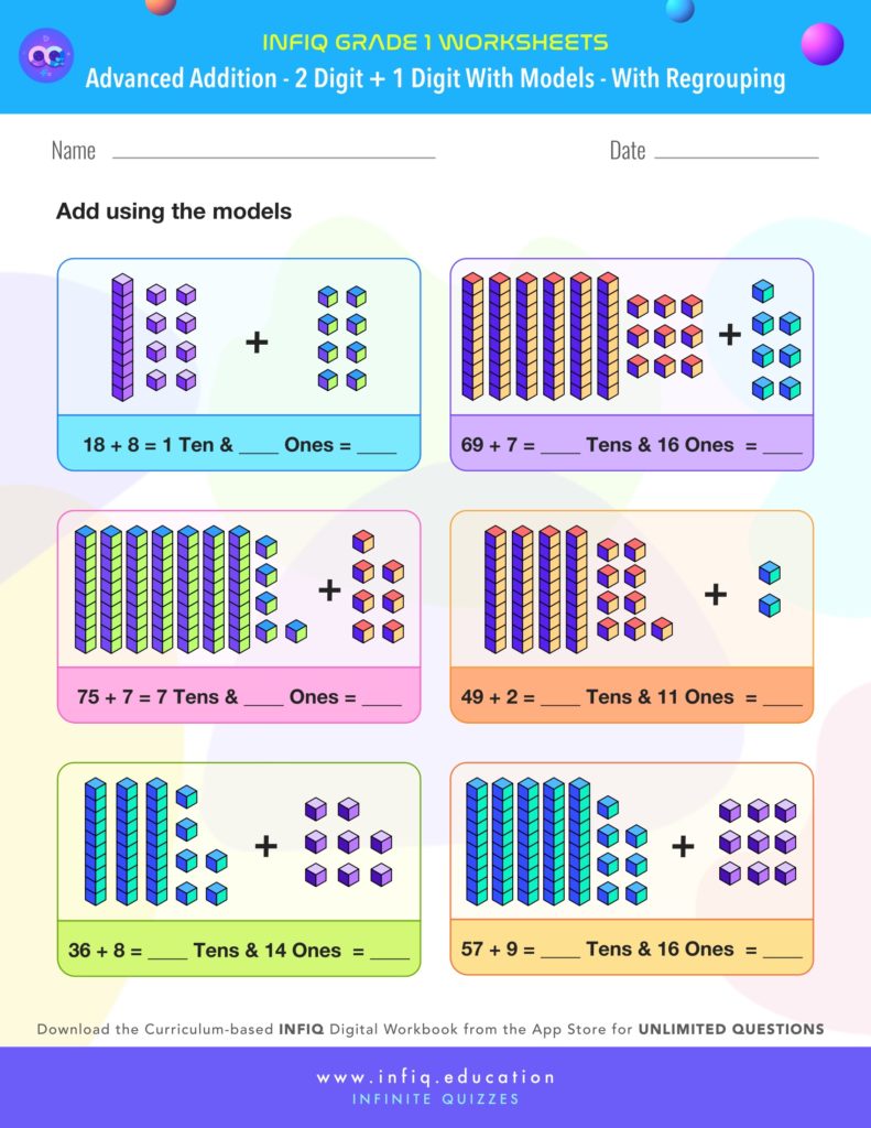 Grade 1 - 2 Digit + 1 Digit with models – With Regrouping Worksheet