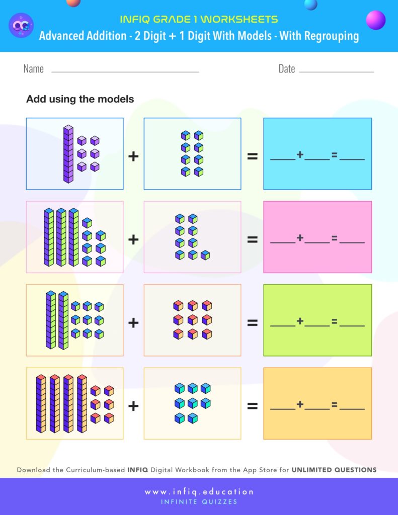 Grade 1 - 2 Digit + 1 Digit with models – With Regrouping Worksheet