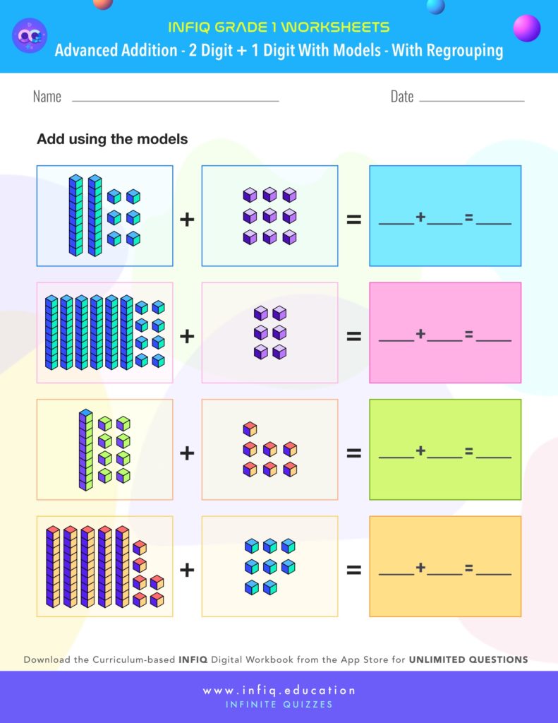 Grade 1 - 2 Digit + 1 Digit with models – With Regrouping Worksheet
