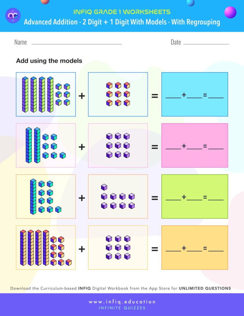 Grade 1 - 2 Digit + 1 Digit with models – With Regrouping Worksheet