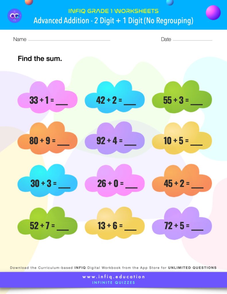 Grade 1 - 2 Digit + 1 Digit – No Regrouping Worksheets