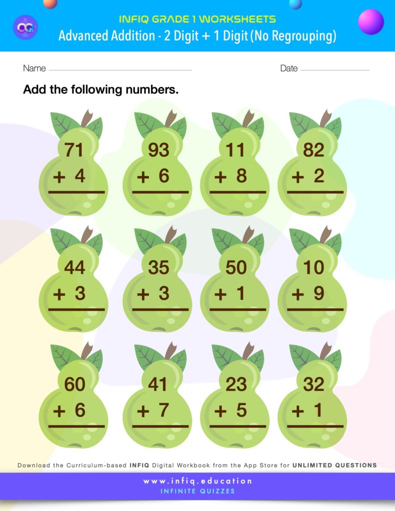 Grade 1 - 2 Digit + 1 Digit – No Regrouping Worksheets