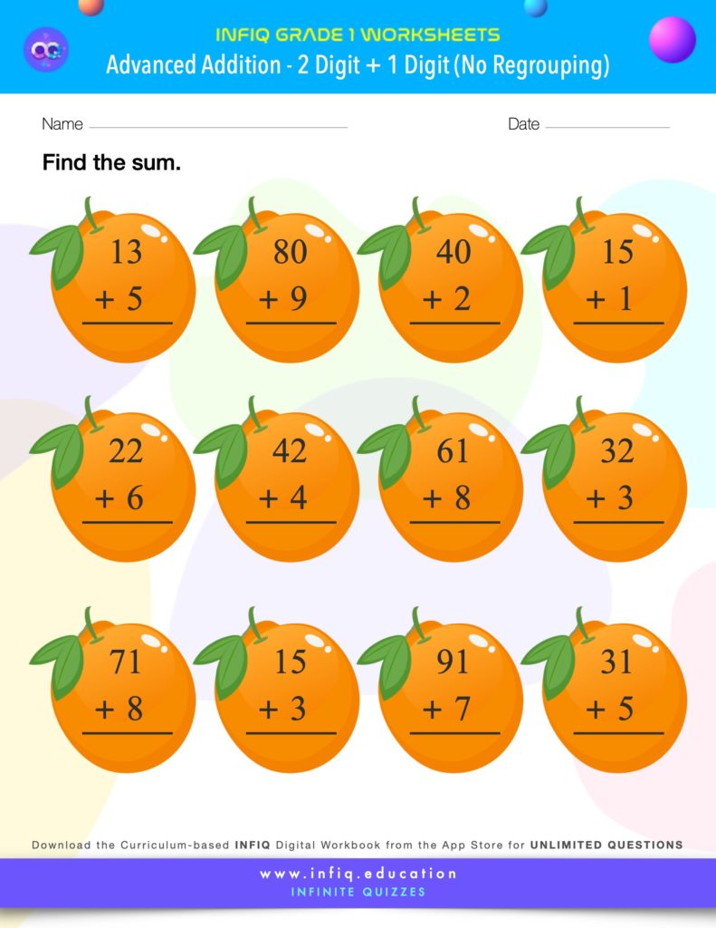 Grade 1 - 2 Digit + 1 Digit – No Regrouping Worksheets