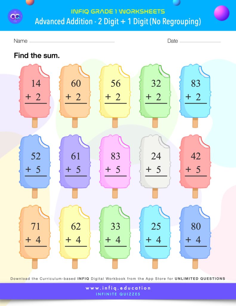 Grade 1 - 2 Digit + 1 Digit – No Regrouping Worksheets