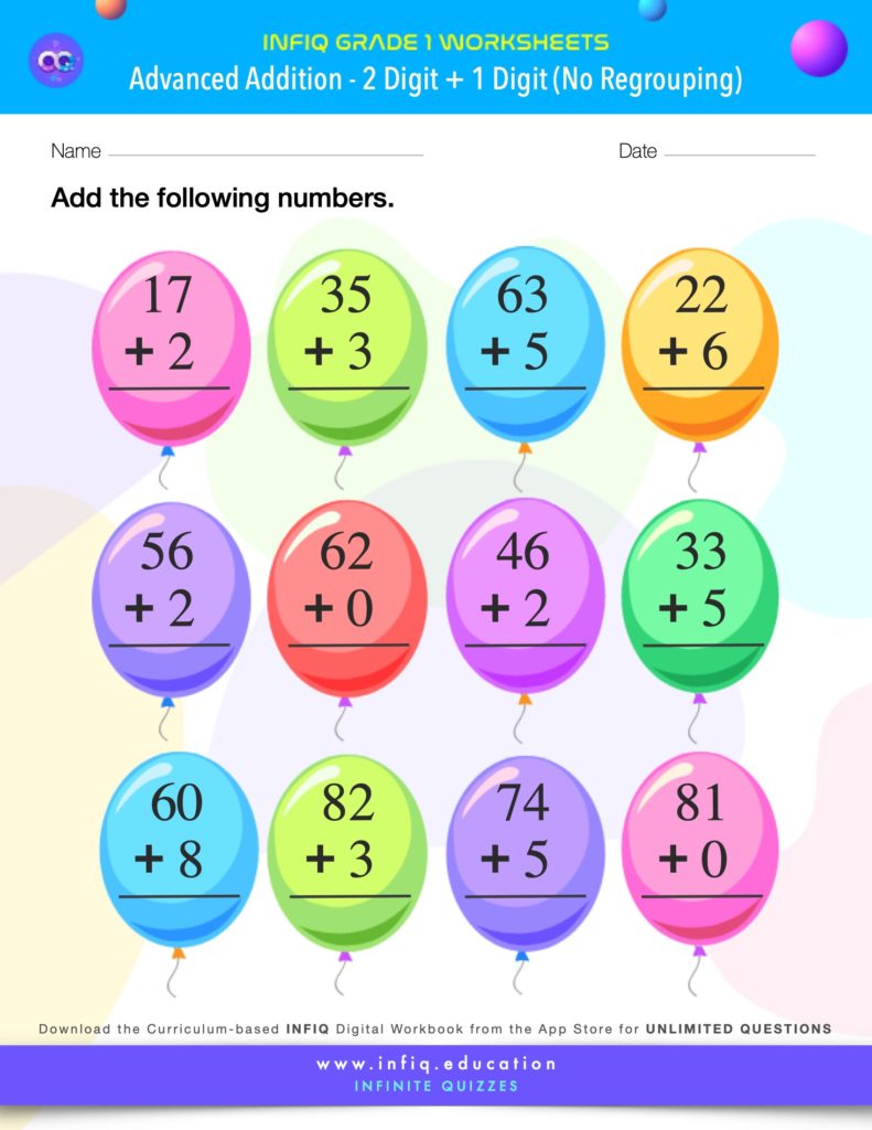 Grade 1 - 2 Digit + 1 Digit – No Regrouping Worksheets