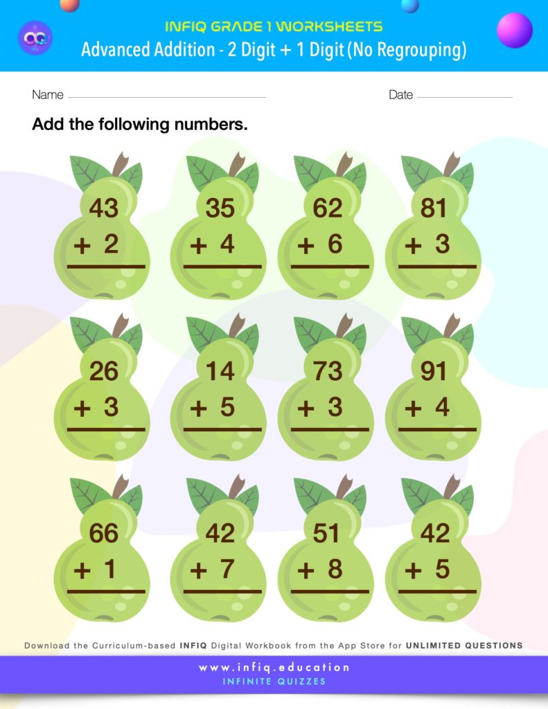 Grade 1 - 2 Digit + 1 Digit – No Regrouping Worksheets