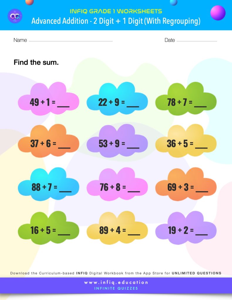 Grade 1 - 2 Digit + 1 Digit – With Regrouping Worksheet
