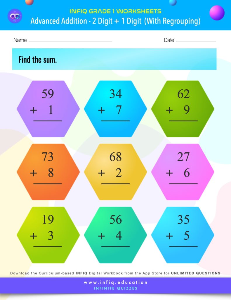 Grade 1 - 2 Digit + 1 Digit – With Regrouping Worksheet