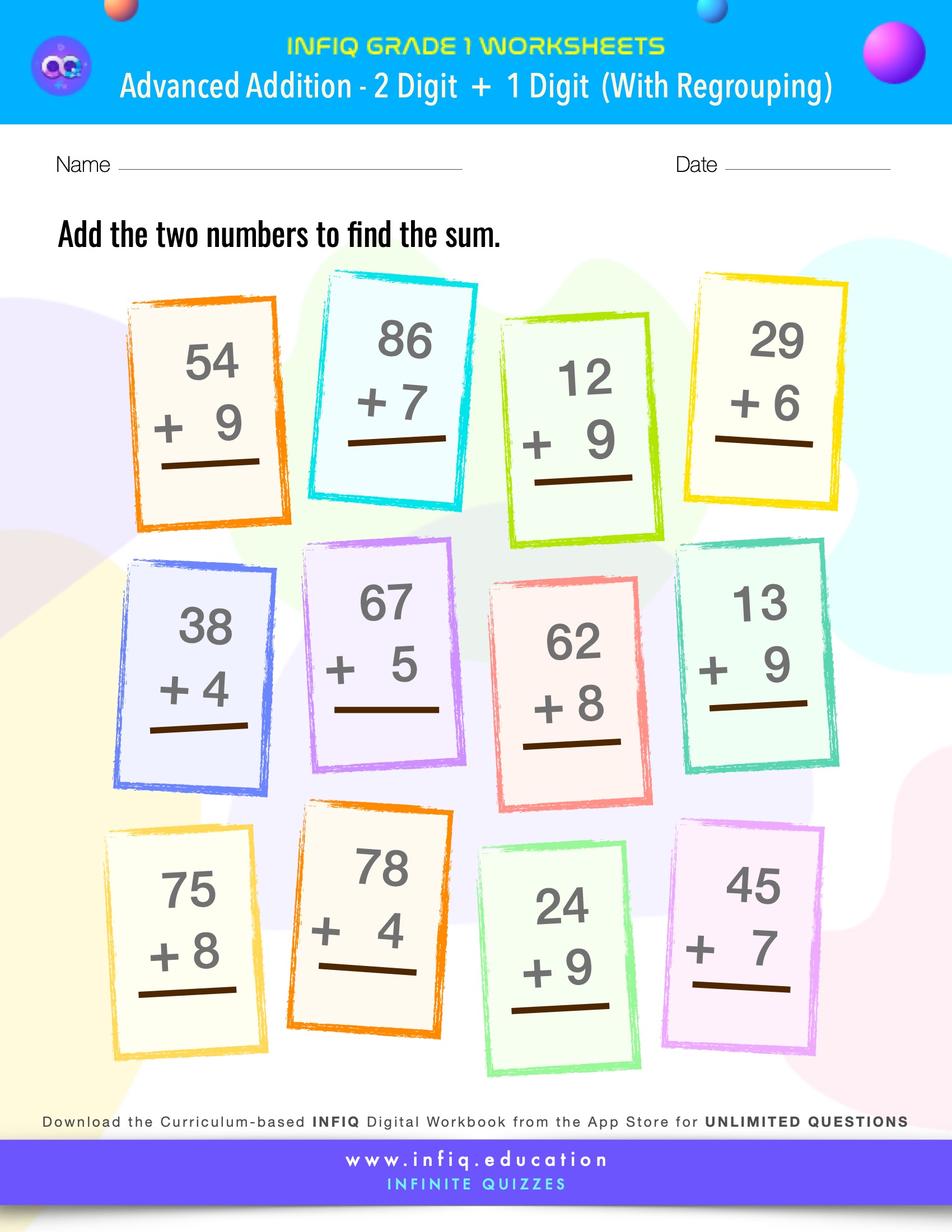 Grade 1 - 2 Digit + 1 Digit – With Regrouping Worksheet
