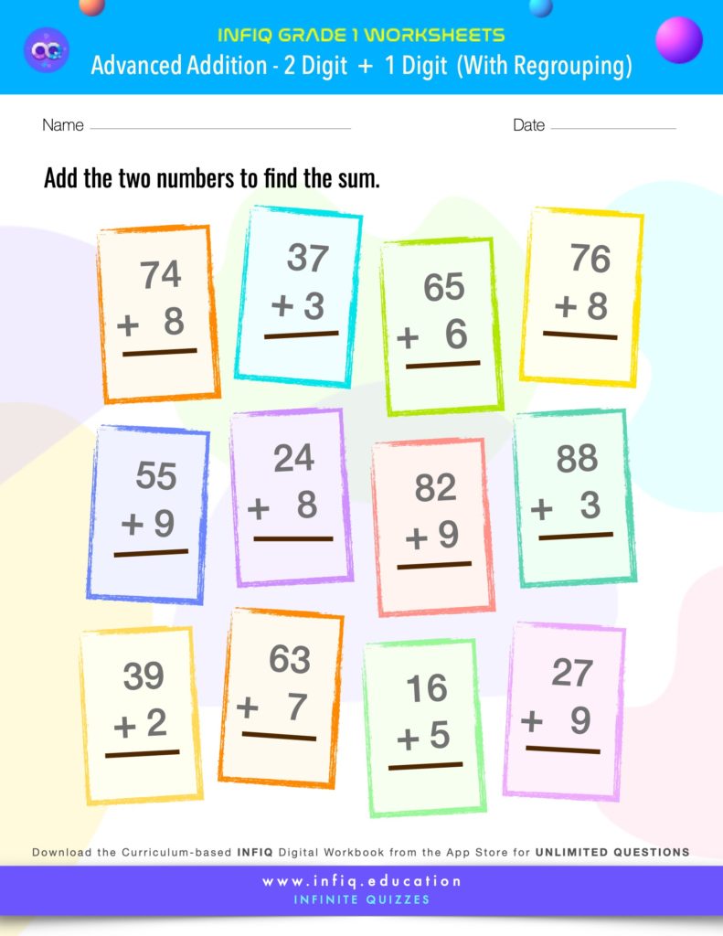 Grade 1 - 2 Digit + 1 Digit – With Regrouping Worksheet